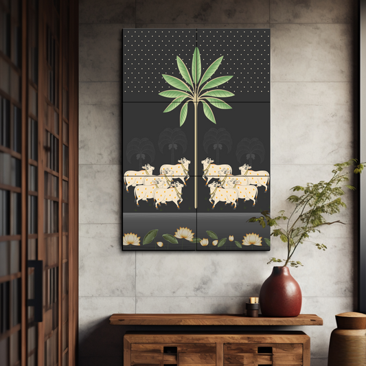 Sacred Cow Pichwai Indian Folk Art Wood Print Luxury Wall Tiles Set