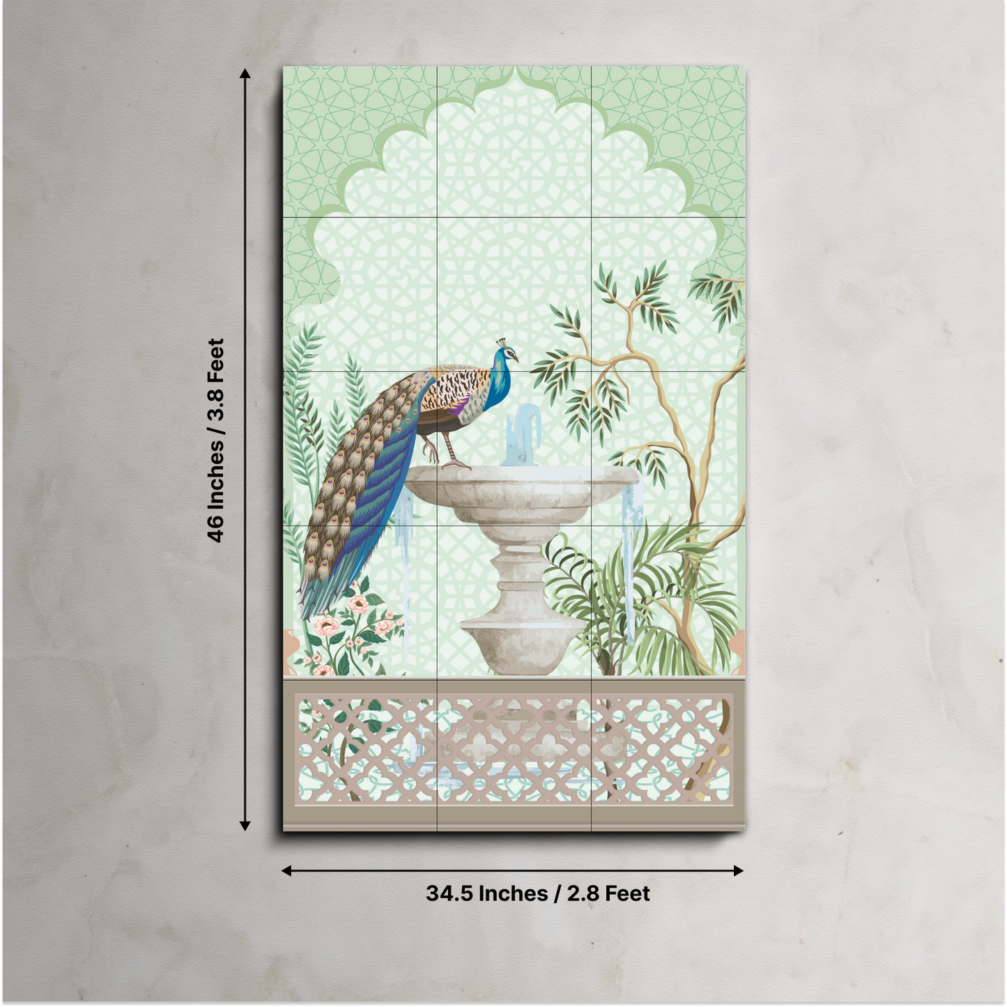 Peacock Sitting on Fountain Traditional Wood Print Wooden Wall Tiles Set