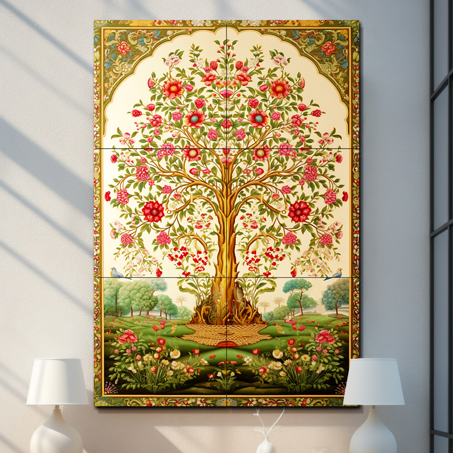 Tree of Life Pichwai Wood Print Luxury Wall Tiles Set