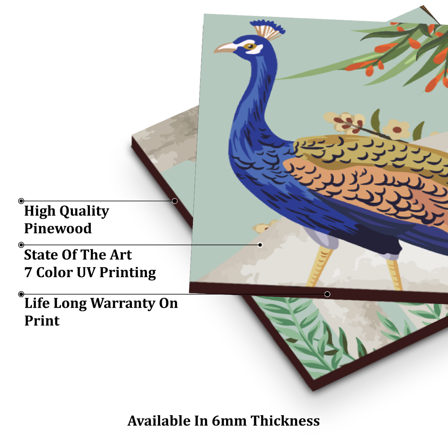 Peacock Royal Wood Print Wooden Wall Tiles Set