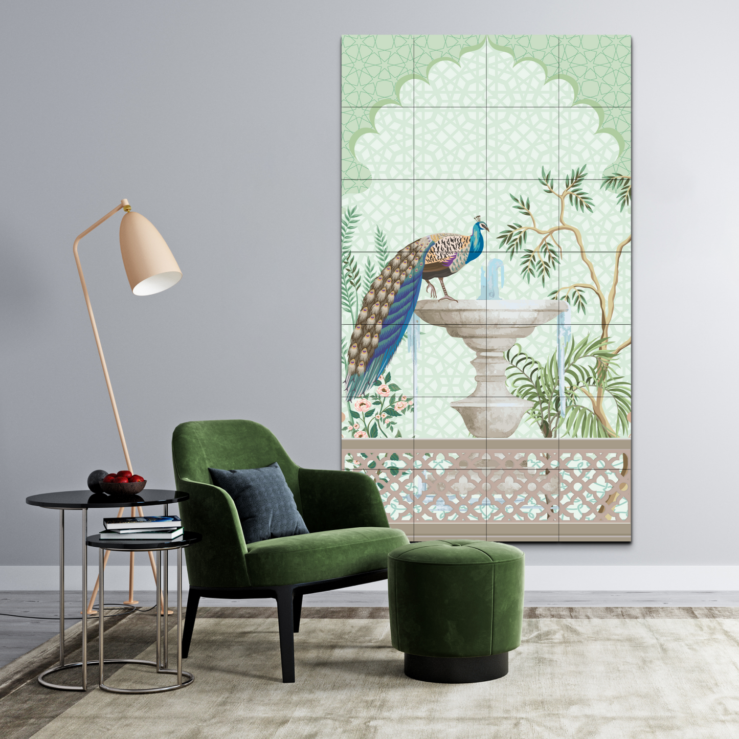 Peacock Sitting on Fountain Traditional Wood Print Wooden Wall Tiles Set