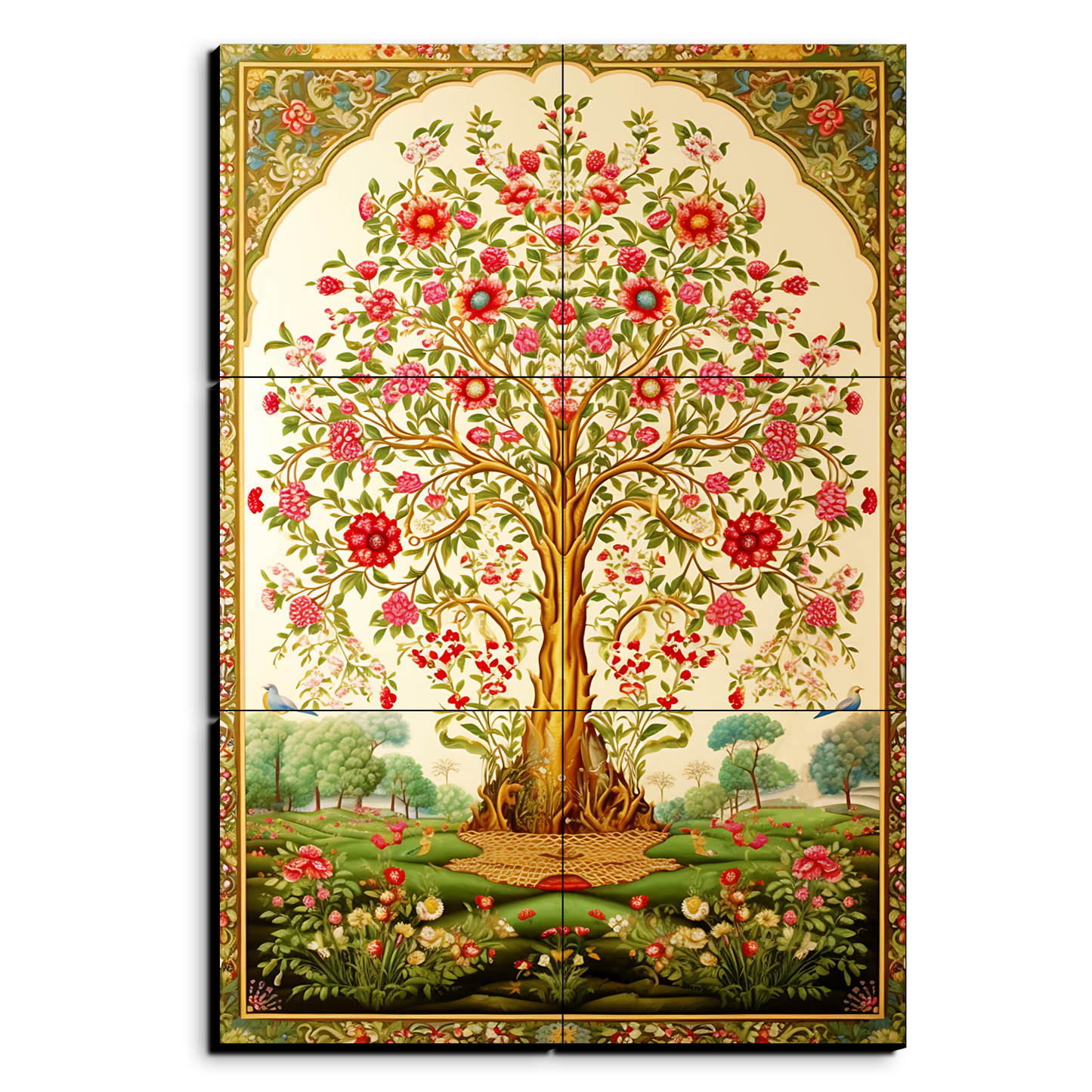 Tree of Life Pichwai Wood Print Luxury Wall Tiles Set