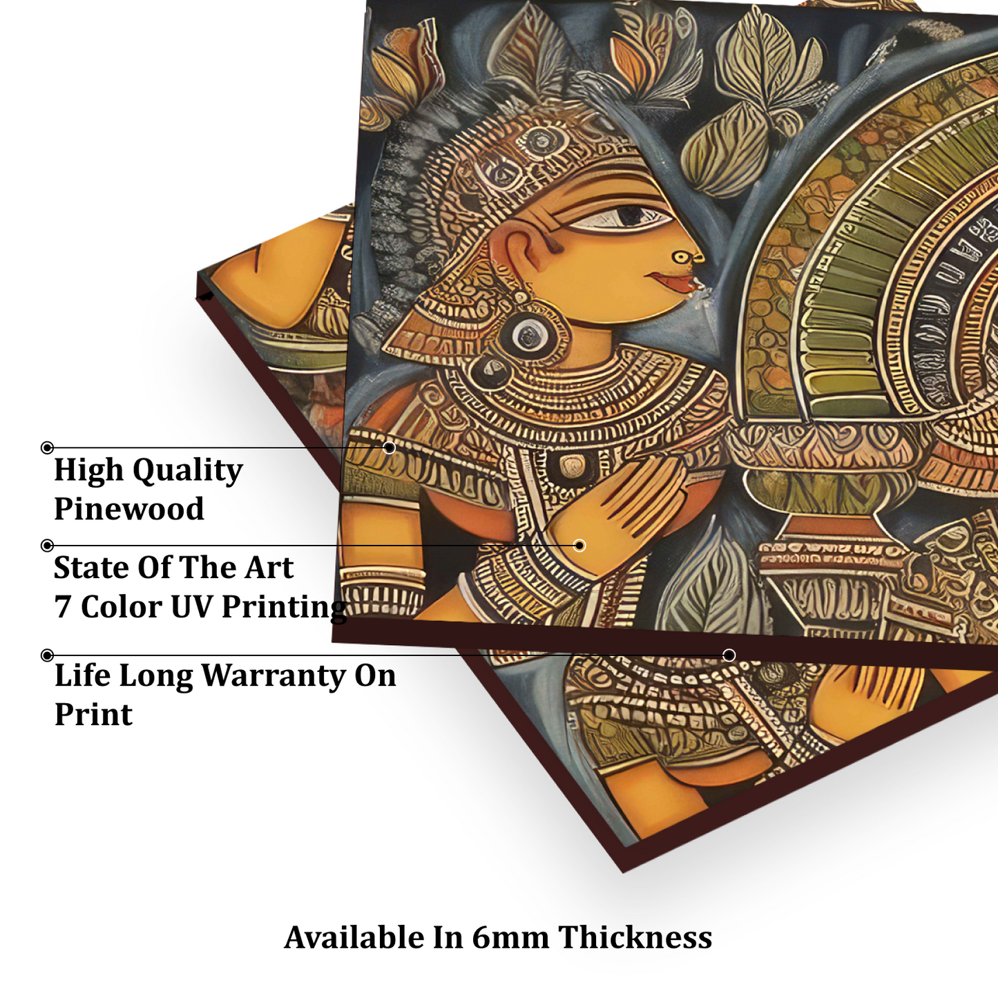 Madhubani Vintage Indian Folk Art Wood Print Luxury Wall Tiles Set