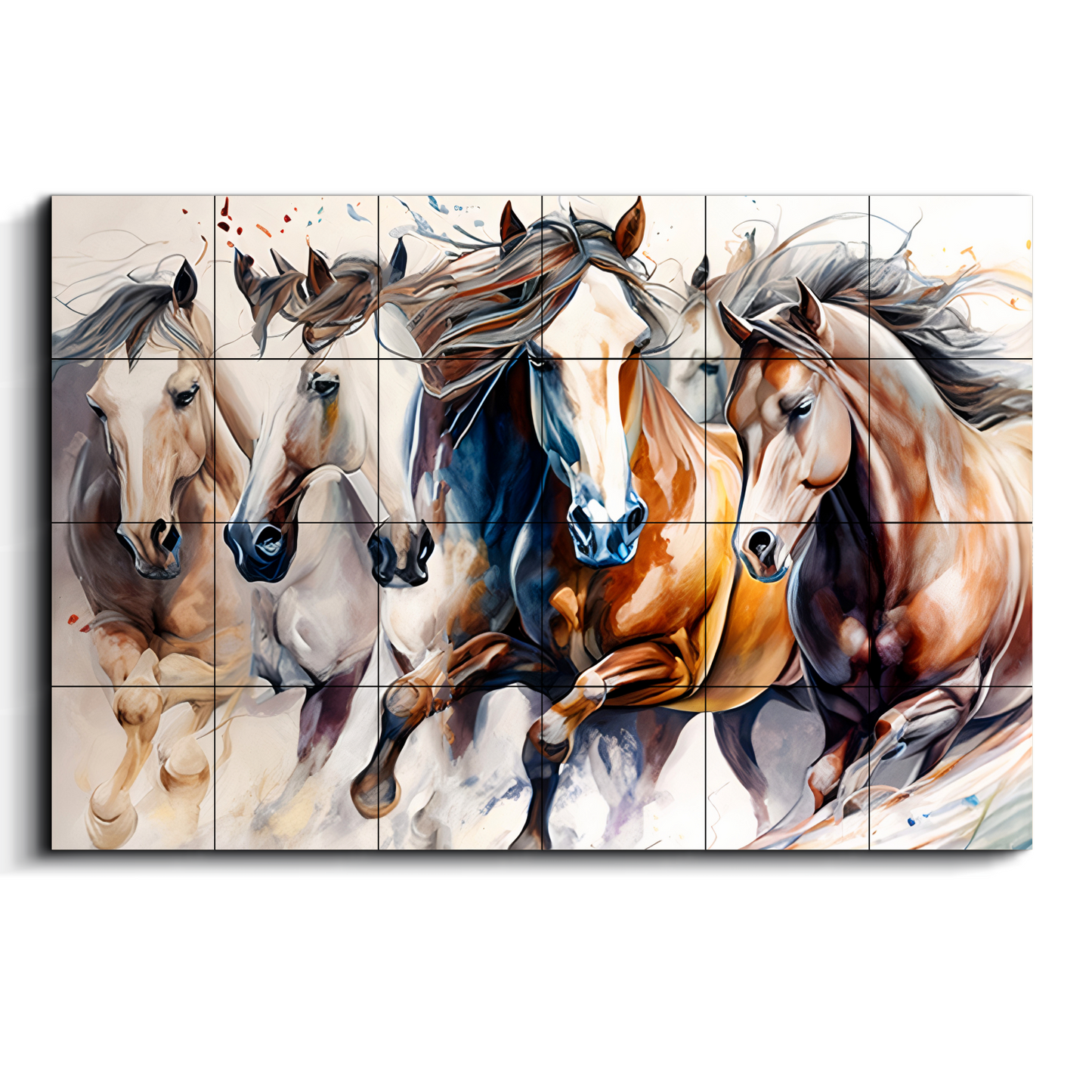 Seven Running Horses Wood Print Wooden Wall Tiles Set