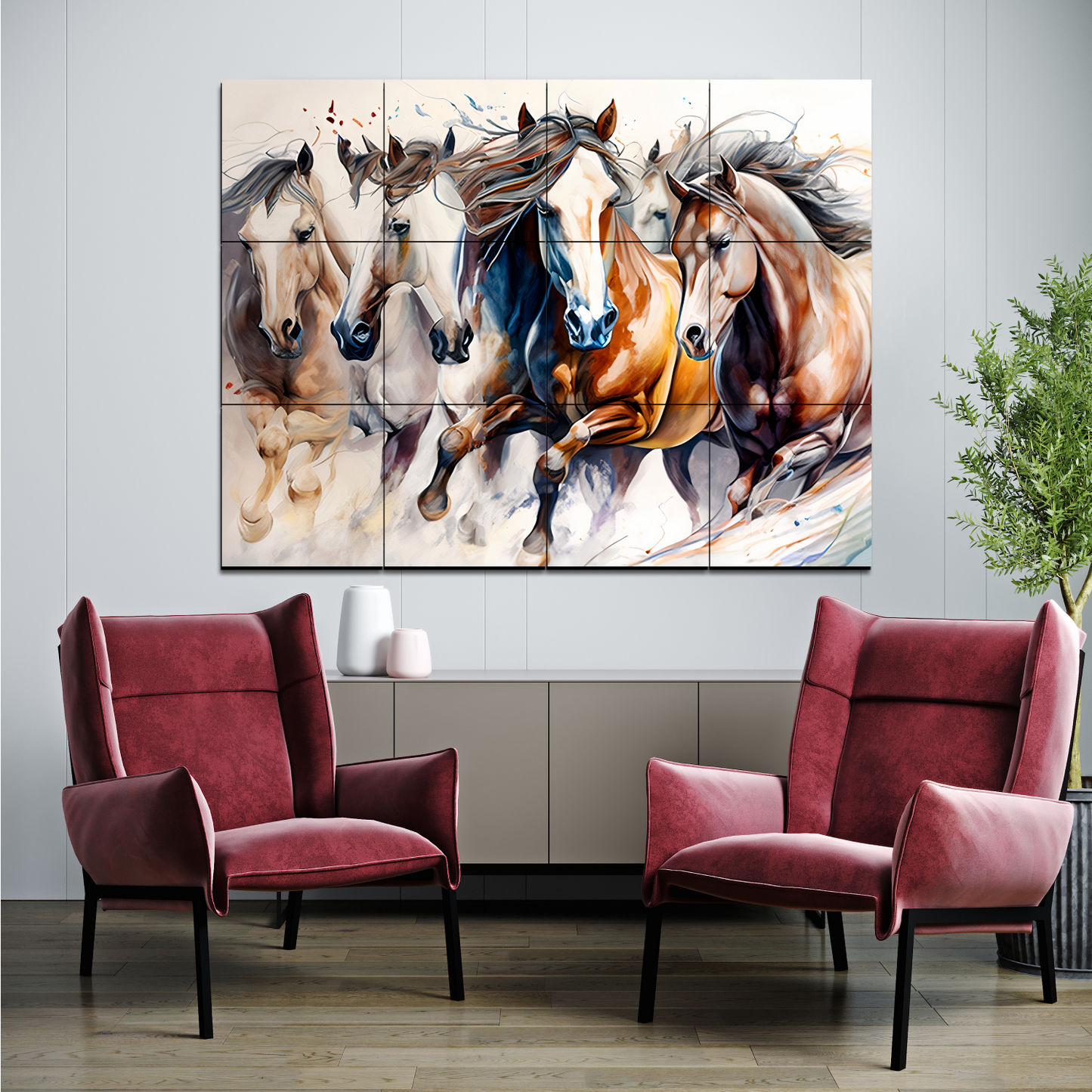 Seven Running Horses Wood Print Wooden Wall Tiles Set