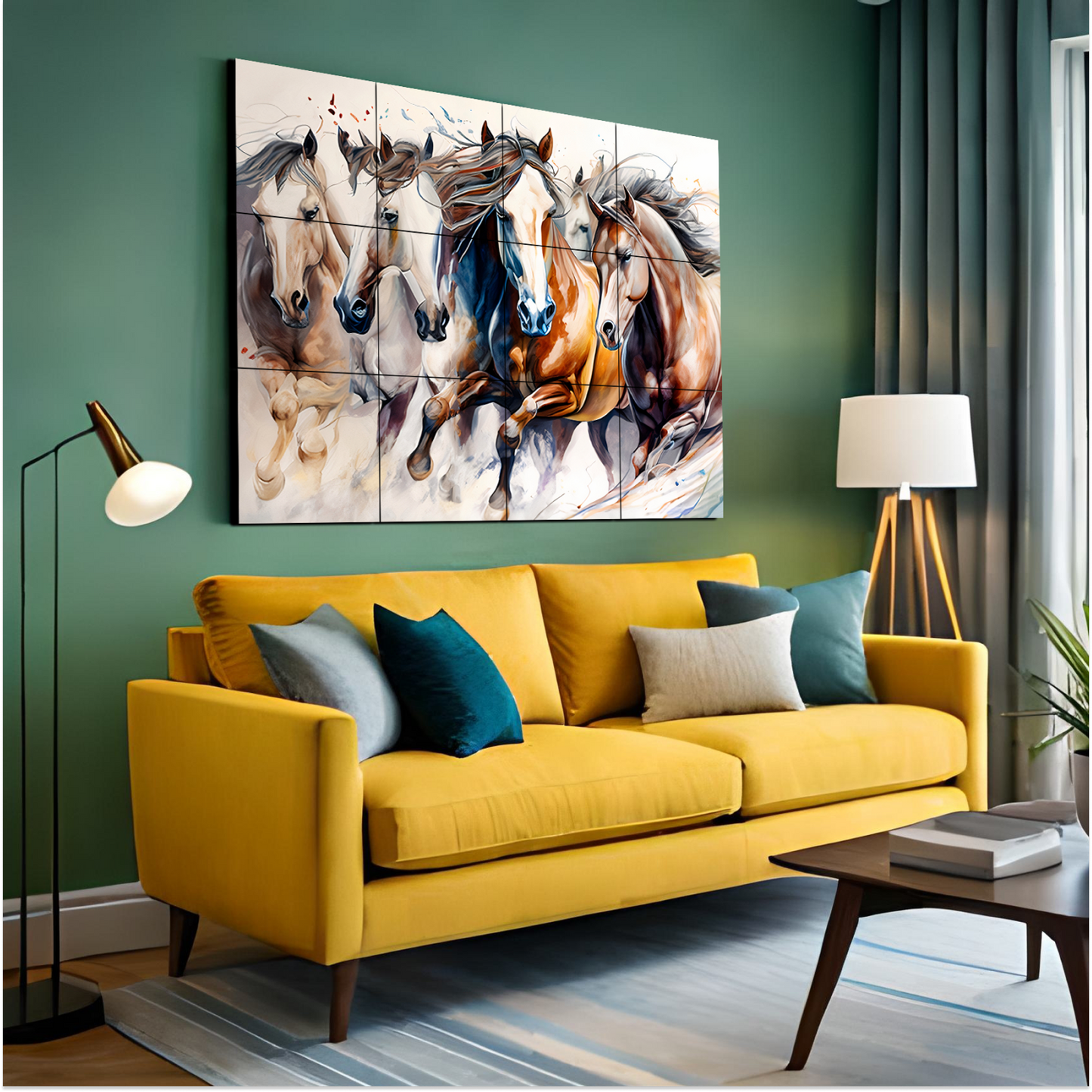 Seven Running Horses Wood Print Wooden Wall Tiles Set