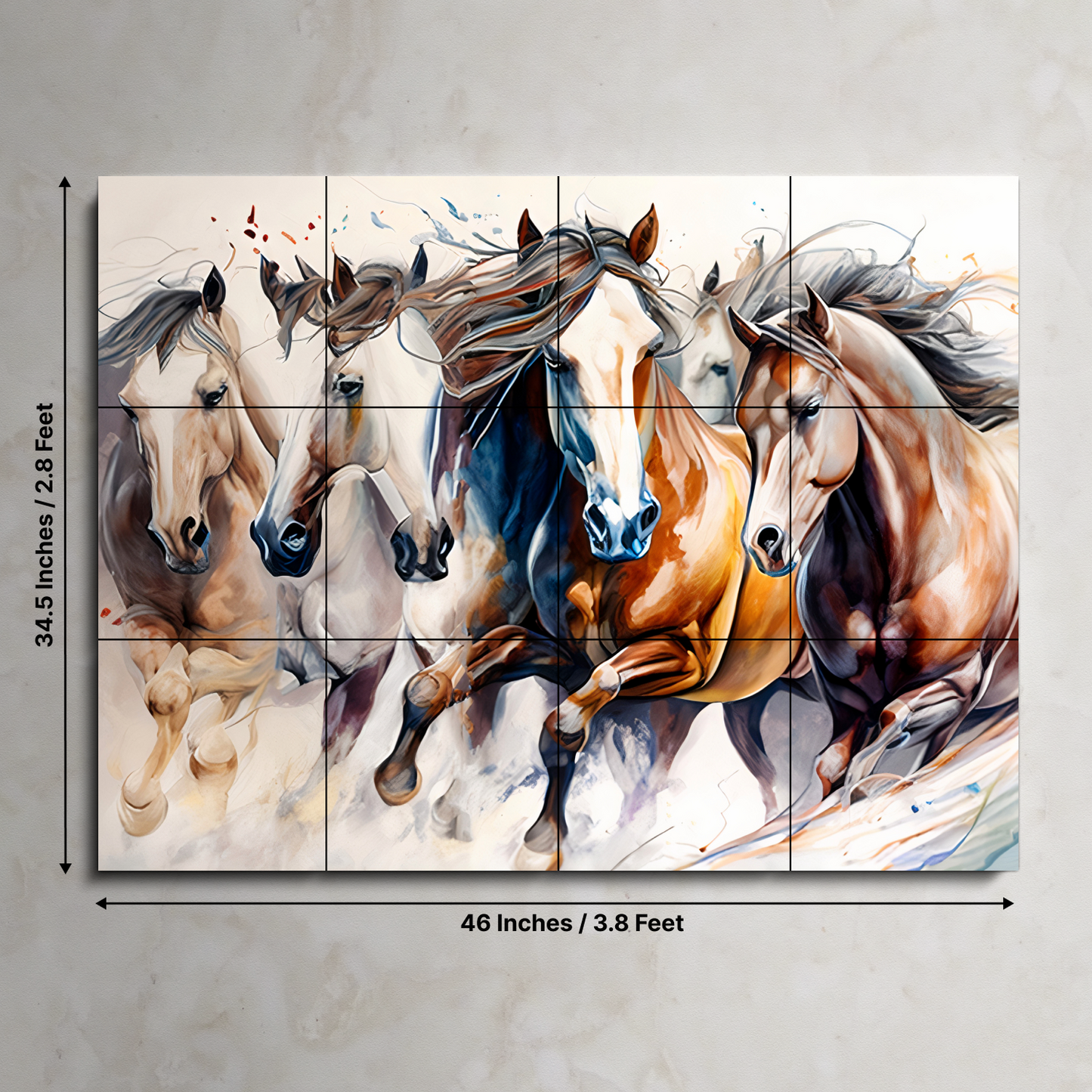 Seven Running Horses Wood Print Wooden Wall Tiles Set