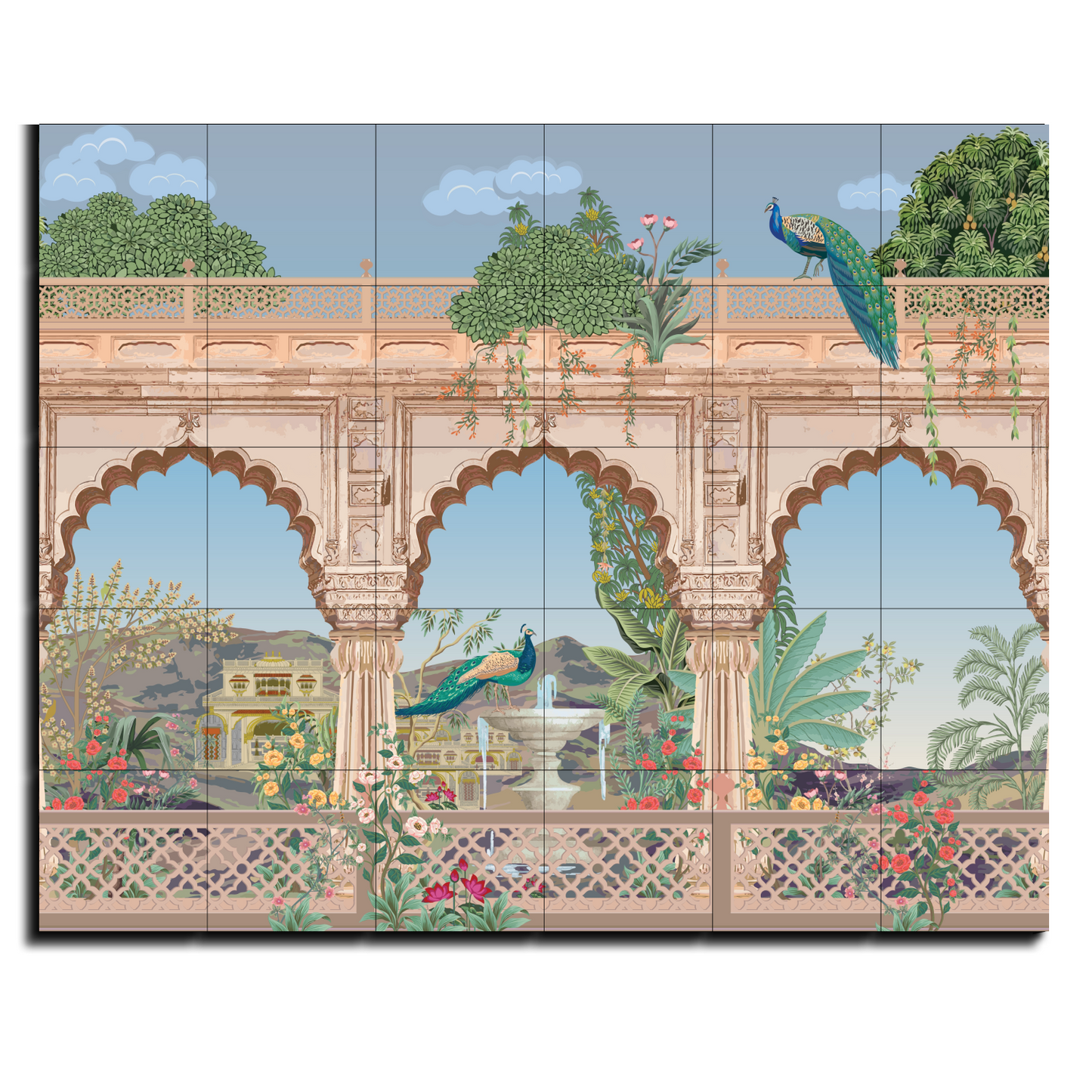 Traditional Mughal Garden Wood Print Luxurious Wooden Wall Tiles Set