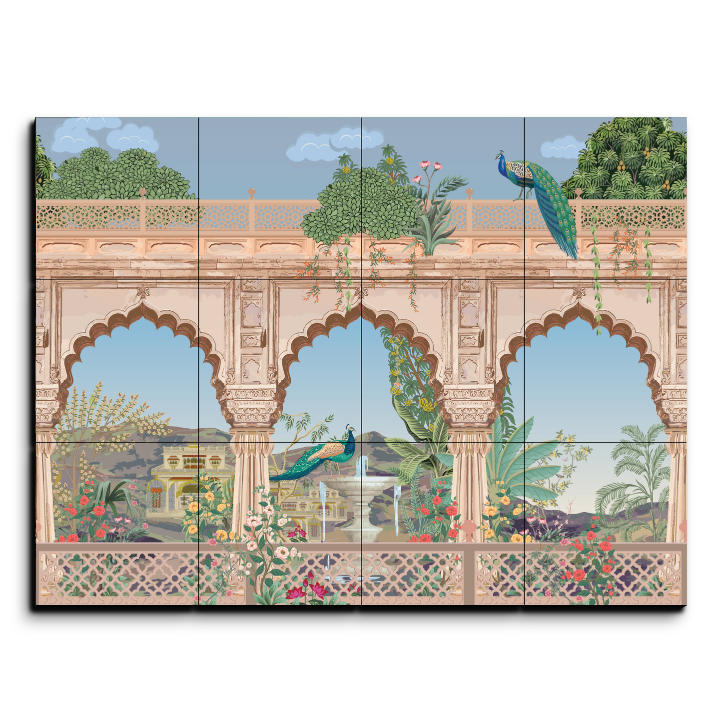 Traditional Mughal Garden Wood Print Luxurious Wooden Wall Tiles Set