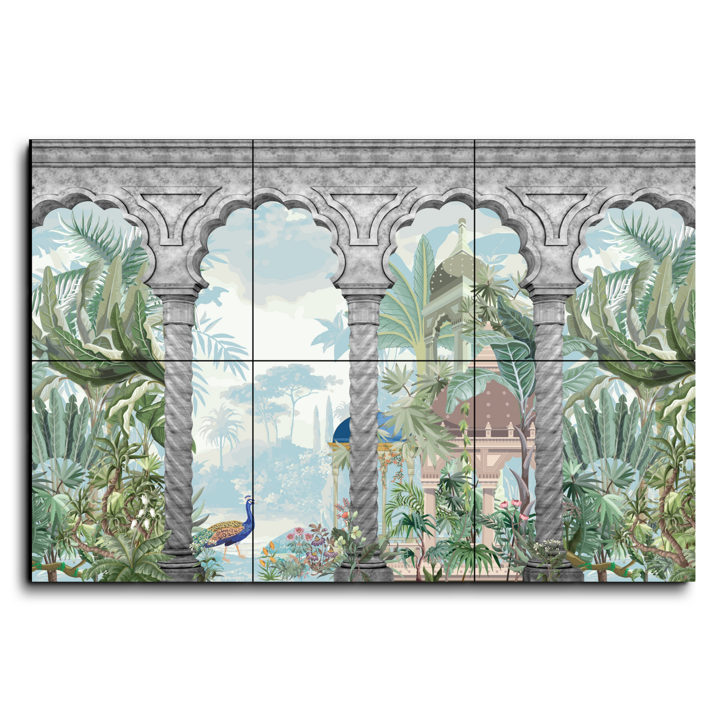 Historical Indian Landscape Wood Print Luxurious Wooden Wall Tiles Set