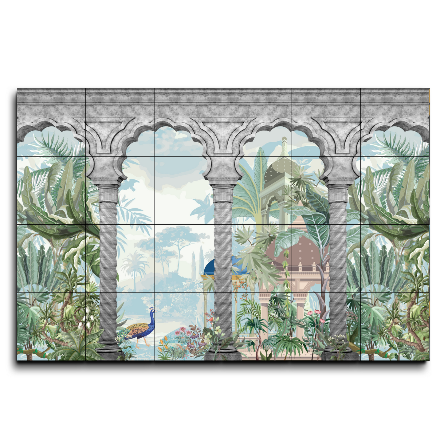 Historical Indian Landscape Wood Print Luxurious Wooden Wall Tiles Set