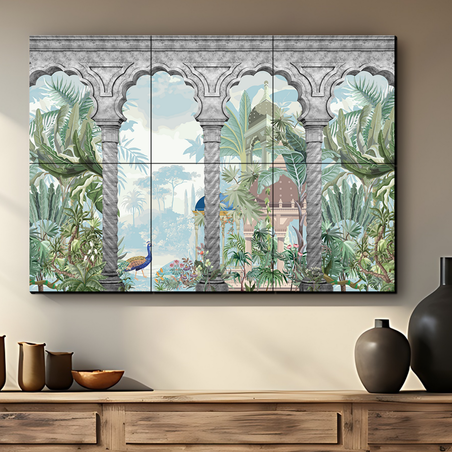 Historical Indian Landscape Wood Print Luxurious Wooden Wall Tiles Set