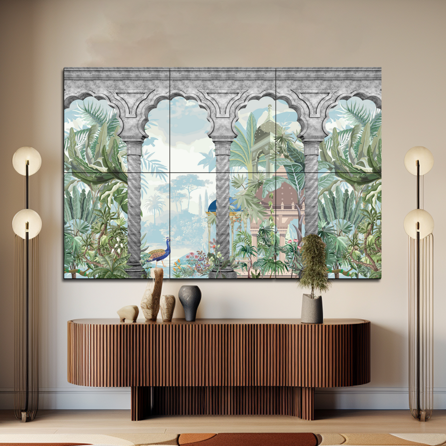 Historical Indian Landscape Wood Print Luxurious Wooden Wall Tiles Set