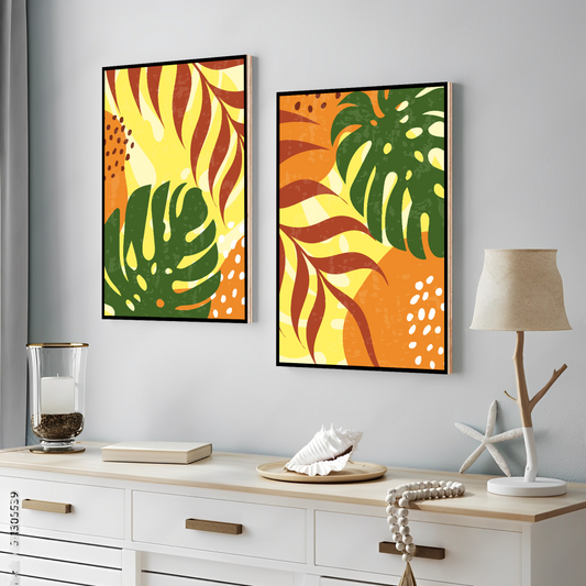 Abstract Botanical Leaf Wood Print Wall Art Set of 2