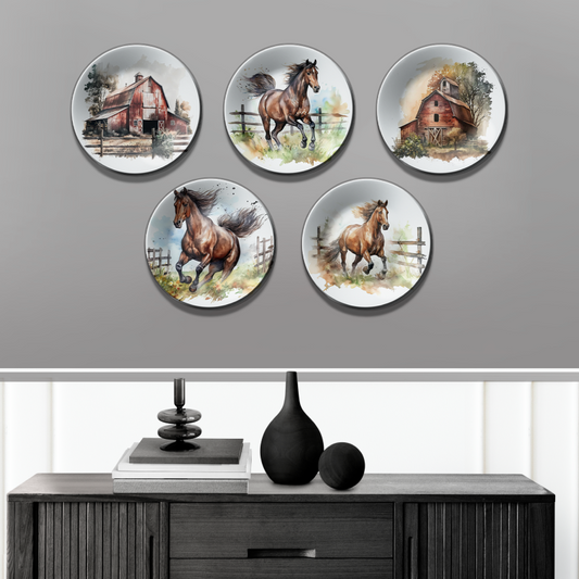 Set of 5 Farmhouse and Horses Wall Plates Art Wall Décor for Rustic Home Accents