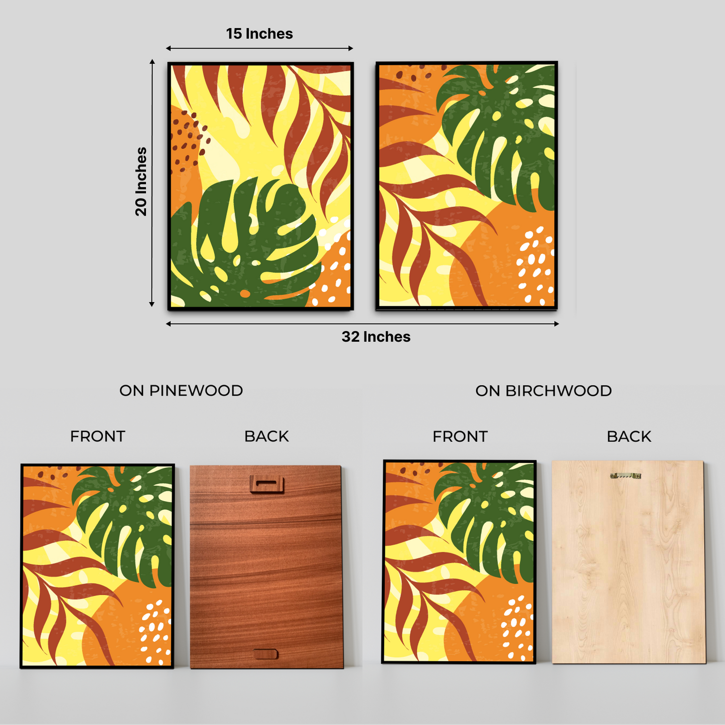 Abstract Botanical Leaf Wood Print Wall Art Set of 2