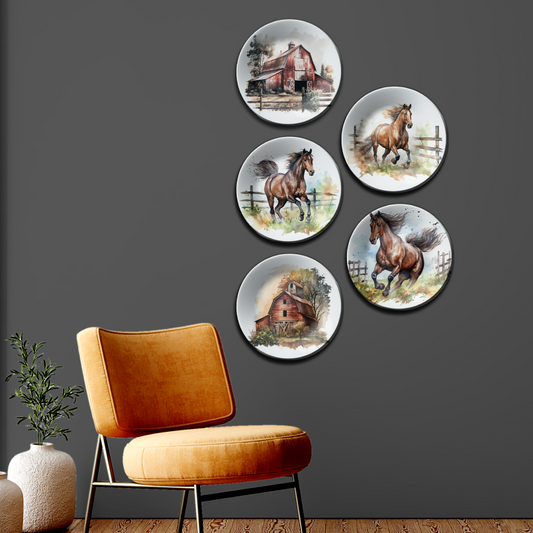 set of 5 Artisanal Farmhouse and Horses Wall Plates Art Décor Collection