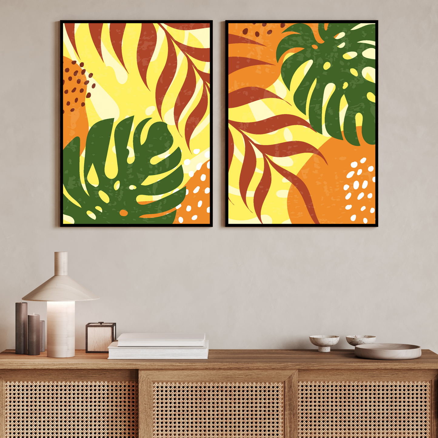 Abstract Botanical Leaf Wood Print Wall Art Set of 2