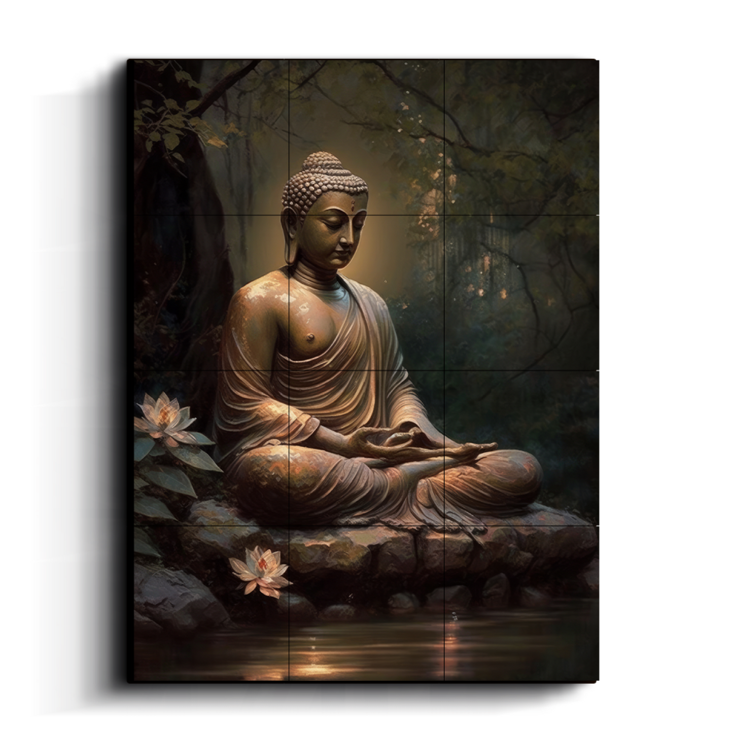 Meditating Buddha Wood Print Wooden Wall Tiles Set