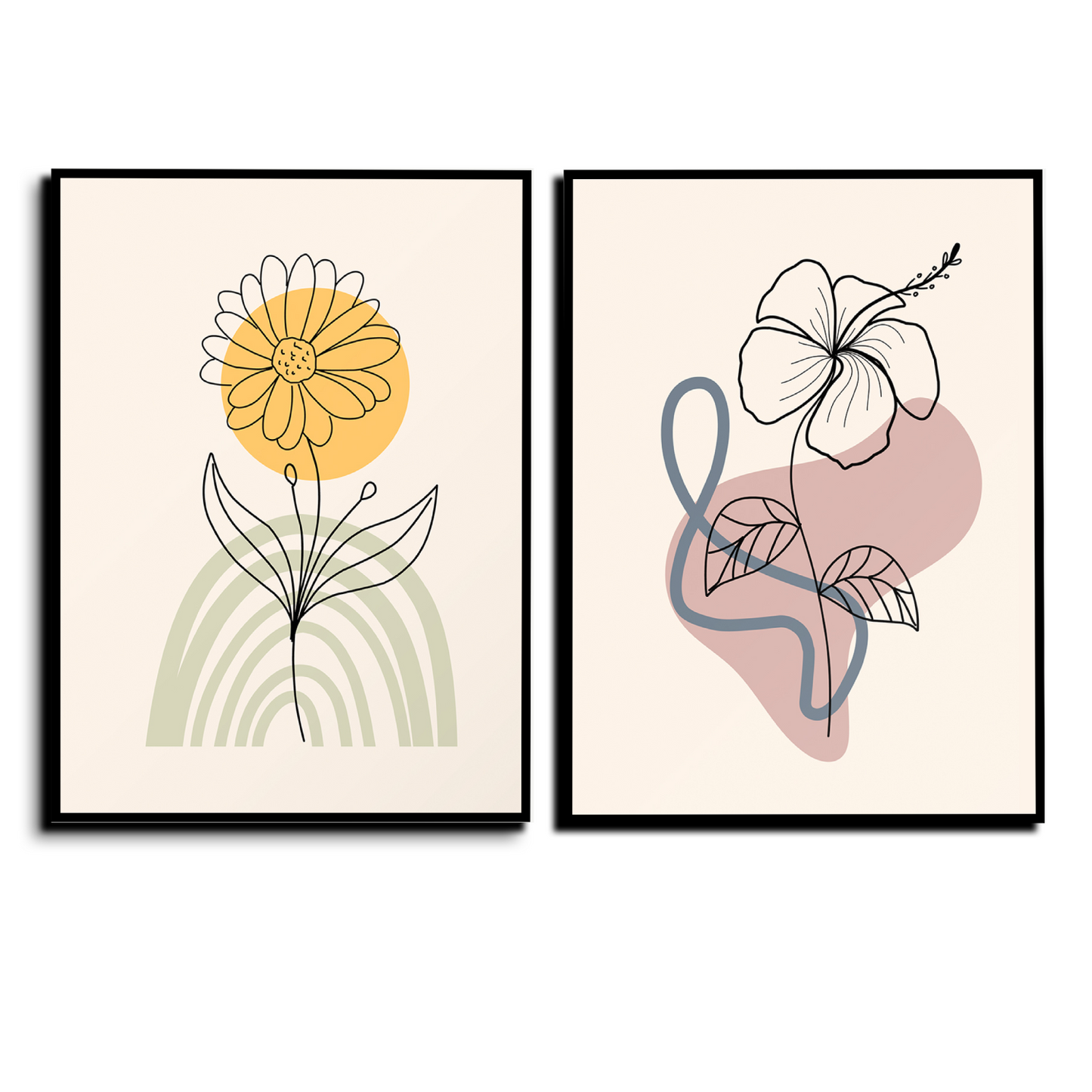 Minimalist Flower and Leaves Wood Print Wall Art Set of 2
