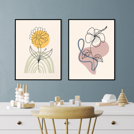 Minimalist Flower and Leaves Wood Print Wall Art Set of 2