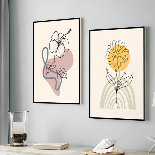 Minimalist Flower and Leaves Wood Print Wall Art Set of 2