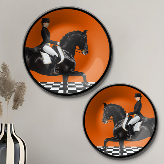 set of 2 Stylish Wall plates for Décor with Black Horse and Rider