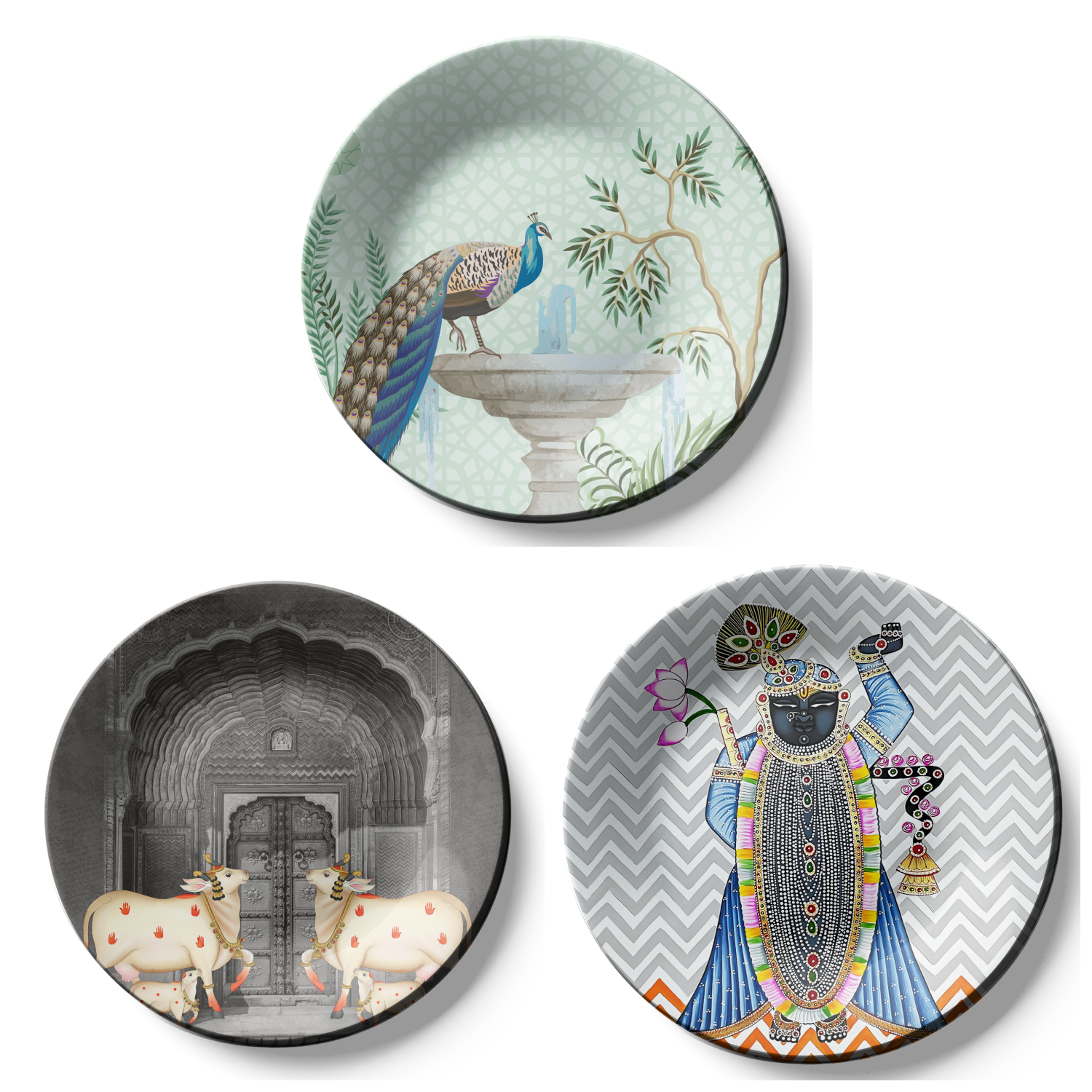Set of 3 Shrinath Ji and Cows hanging plates o wall