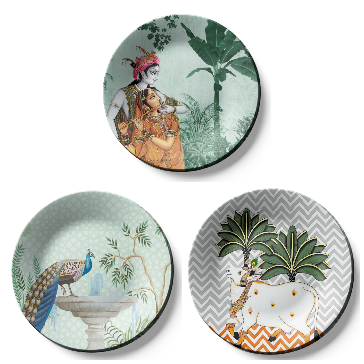 Set of 3 Radha Krishna decorative plates to hang on wall