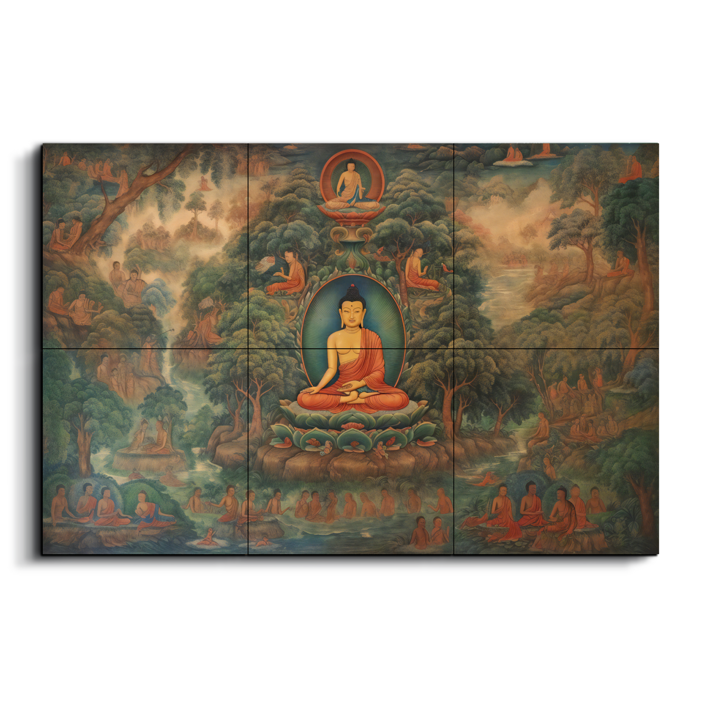 Meditating Buddha and Monks Wood Print Wooden Wall Tiles Set