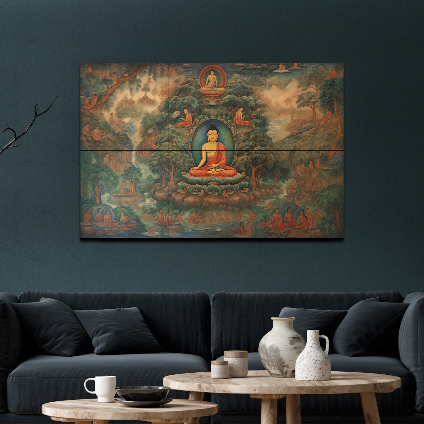 Meditating Buddha and Monks Wood Print Wooden Wall Tiles Set
