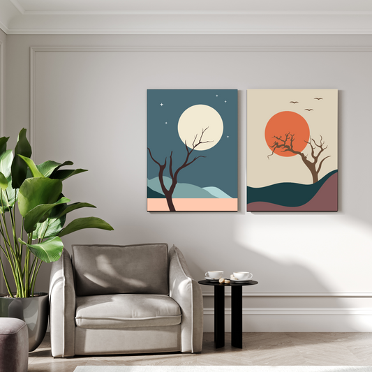 Tree, Sun and Moon Abstract Wood Print Wall Art Set of 2