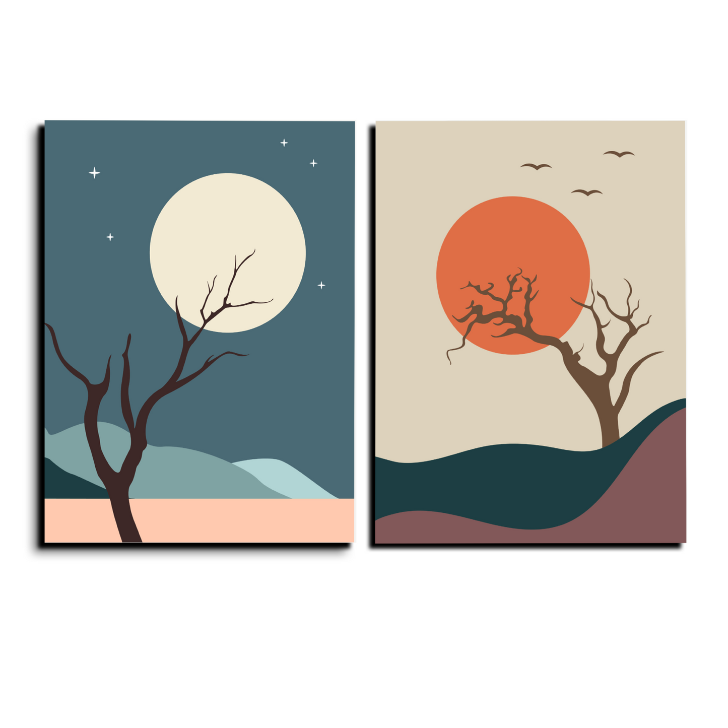 Tree, Sun and Moon Abstract Wood Print Wall Art Set of 2