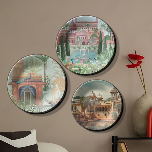 Artisanal Royal Garden and Building Wall Plates Décor Collection for Regal Wall Displays