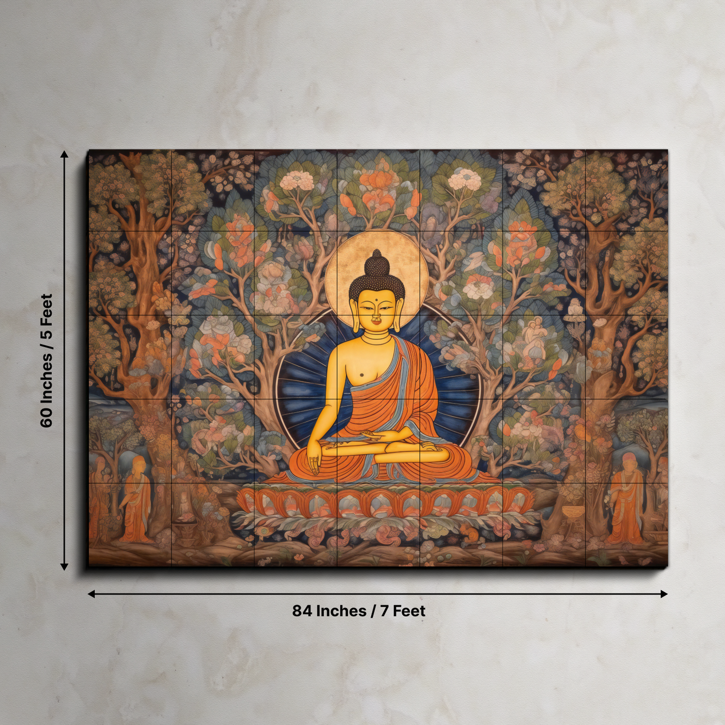 Meditating Buddha Blue Wood Print Wooden Wall Tiles Set
