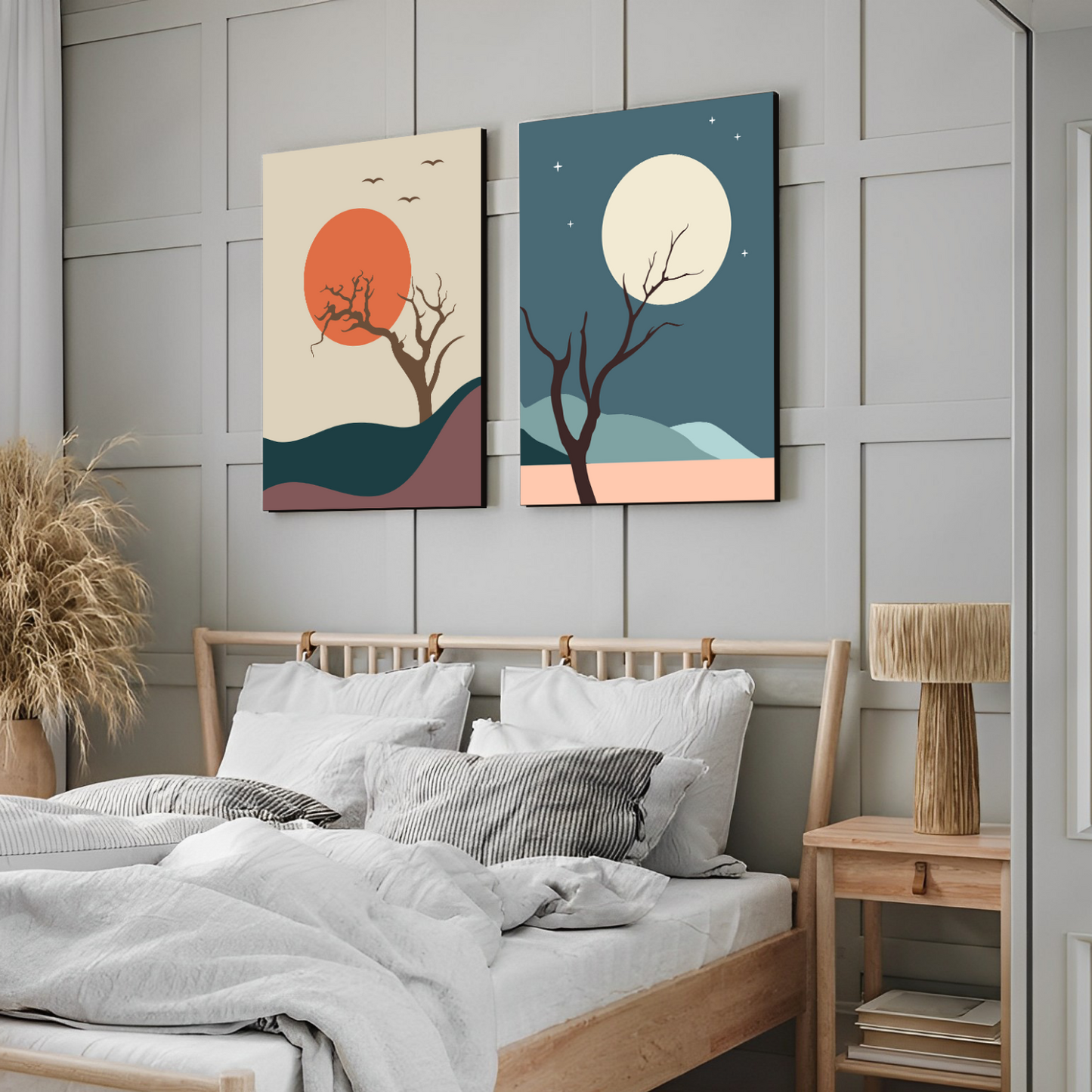 Tree, Sun and Moon Abstract Wood Print Wall Art Set of 2