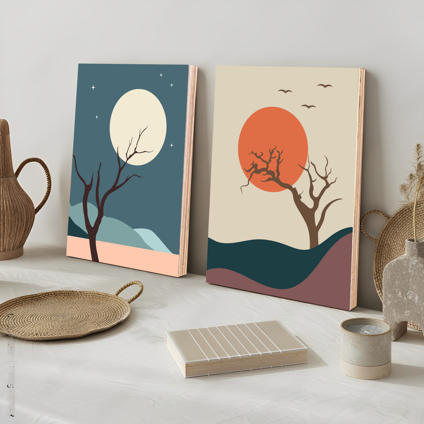 Tree, Sun and Moon Abstract Wood Print Wall Art Set of 2