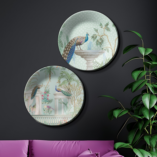 Duo of Exquisite Peacock Wall Plate Décor for Artistic Displays