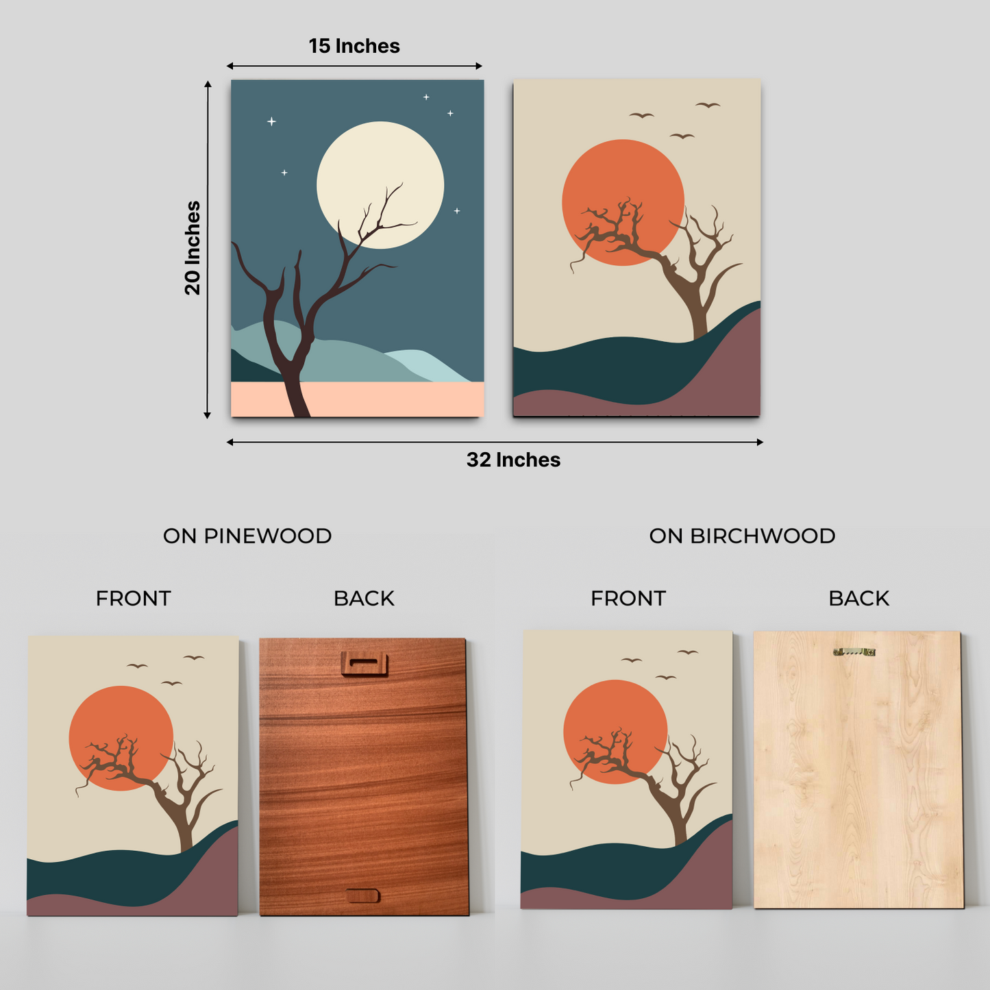 Tree, Sun and Moon Abstract Wood Print Wall Art Set of 2