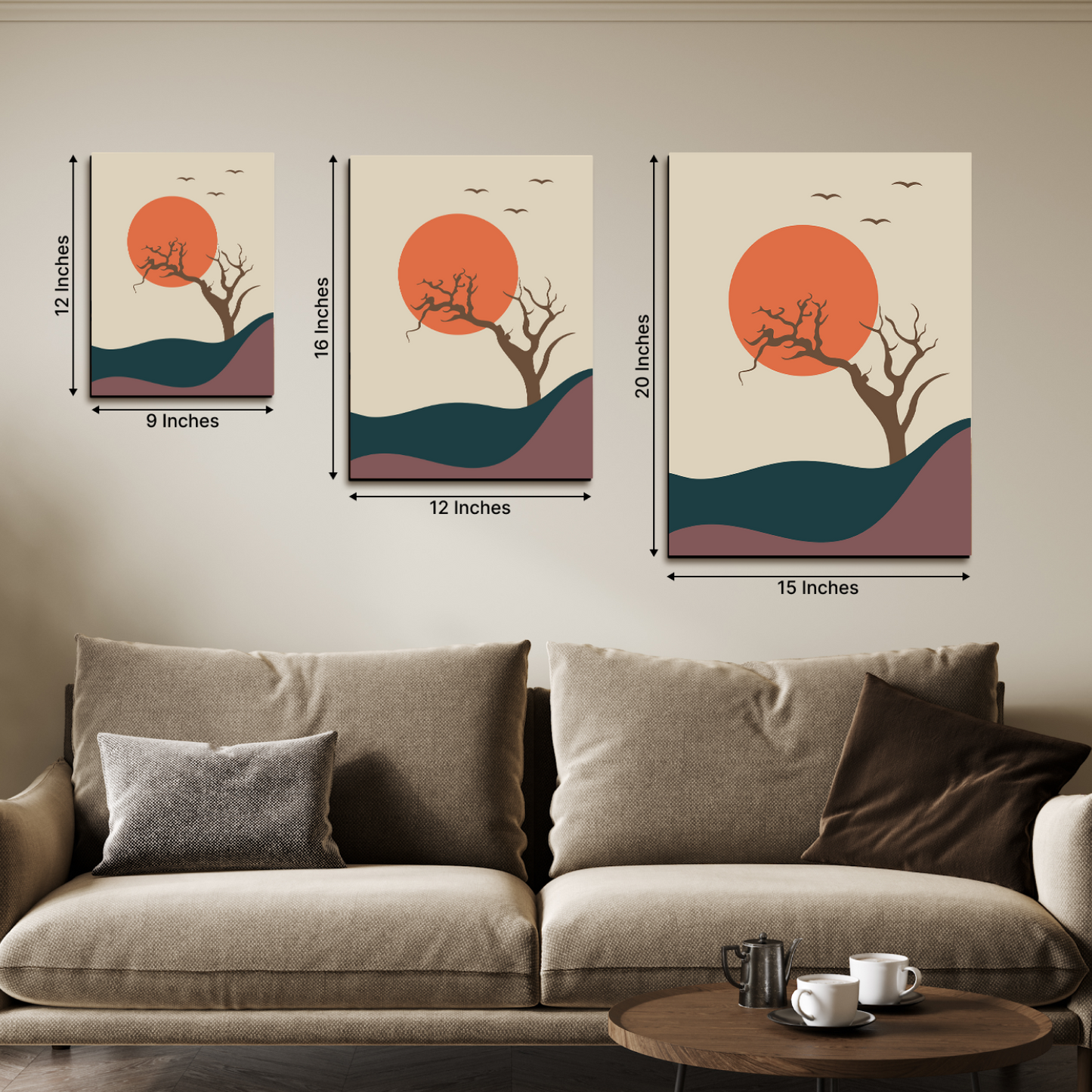 Tree, Sun and Moon Abstract Wood Print Wall Art Set of 2