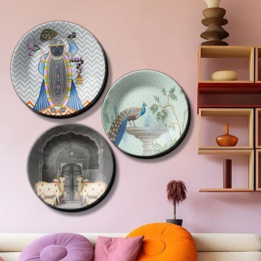 Trio of Exquisite Shrinath Ji and Cows Wall Plates Décor for Devotional Spaces