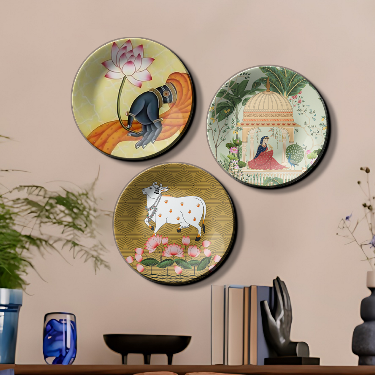 Set of 3 Woman, Cow, and Lotus Wall Plates Décor