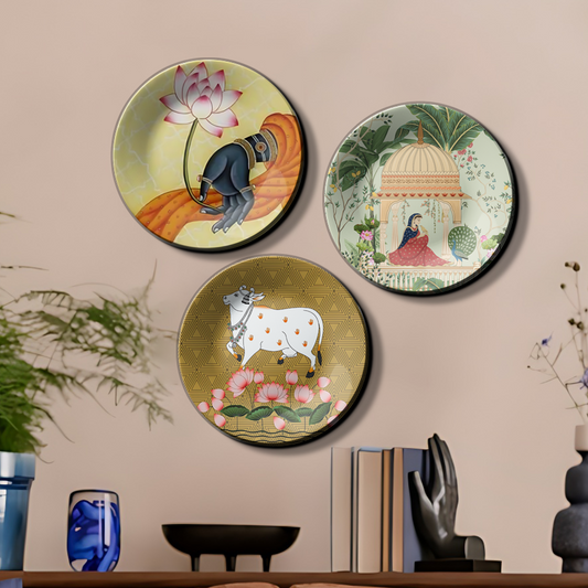 Handcrafted Set of 3 Woman, Cow, and Lotus Wall Plates Décor for Elegant Displays