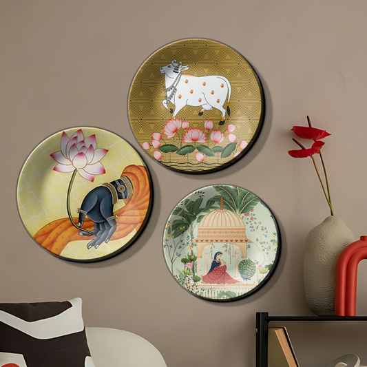 Set of 3 Woman, Cow, and Lotus Wall Plates Décor for Serene Home Accents