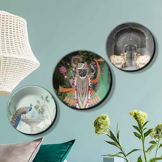 Trio of Exquisite Shrinath Ji Wall Plates Décor for Devotional Spaces