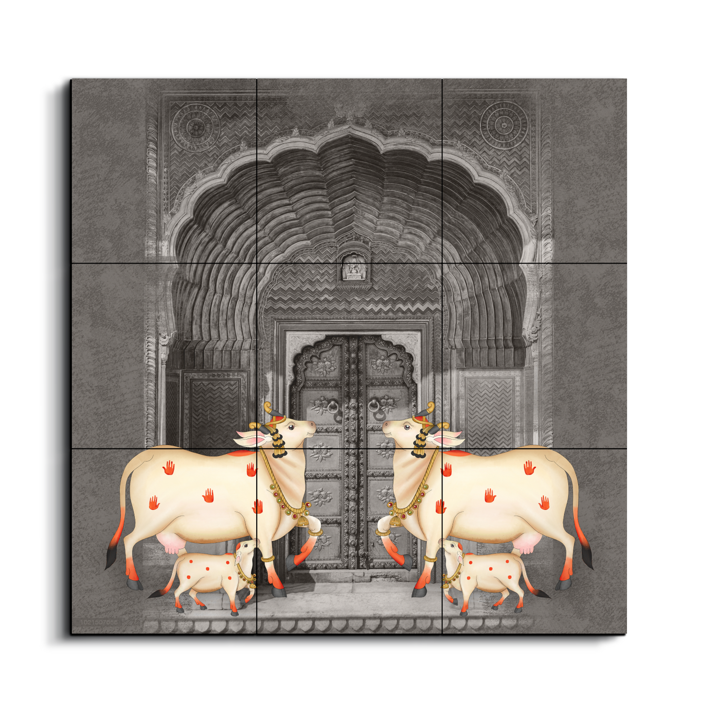 Cow and Calf Pichwai Wood Print Wooden Wall Tiles Set