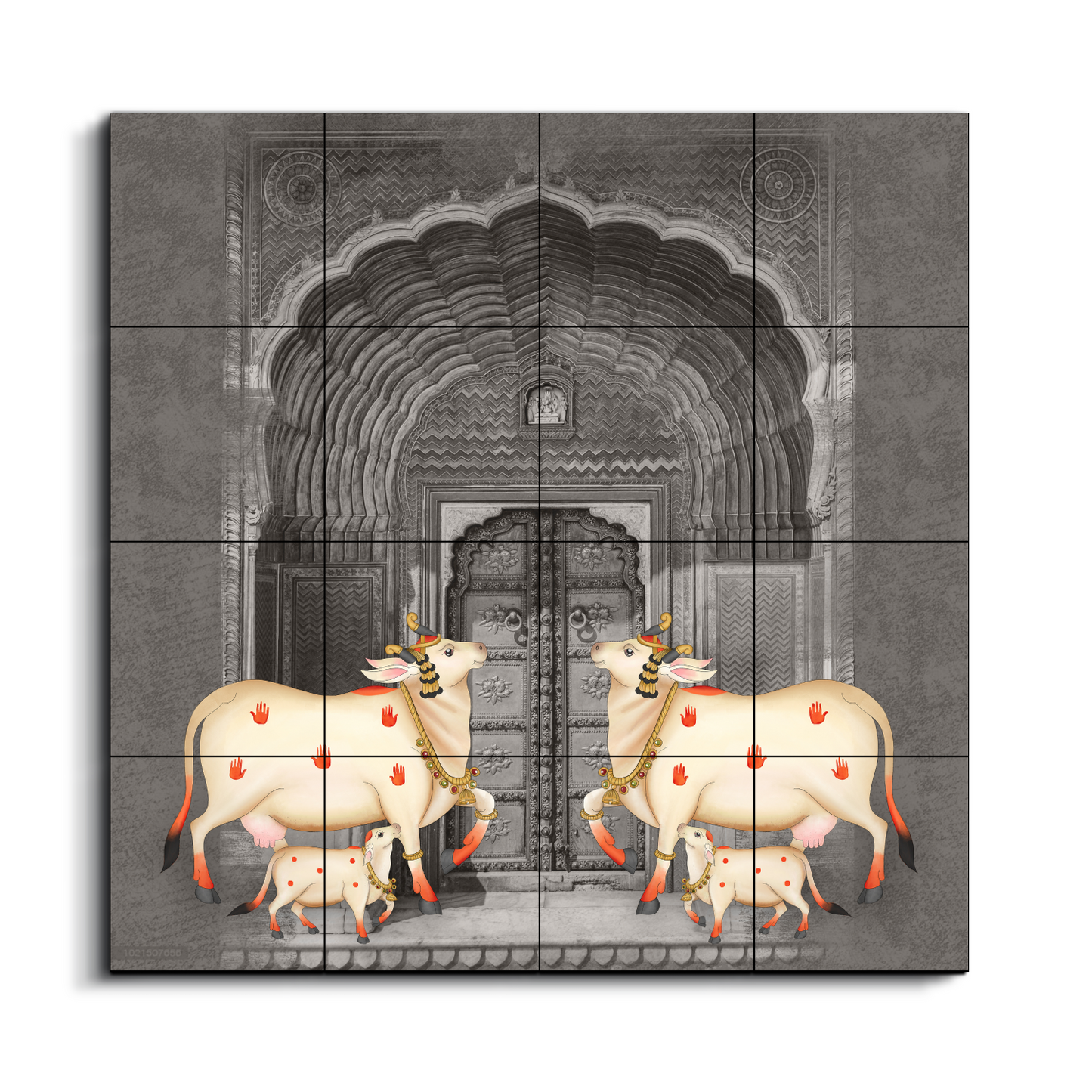 Cow and Calf Pichwai Wood Print Wooden Wall Tiles Set