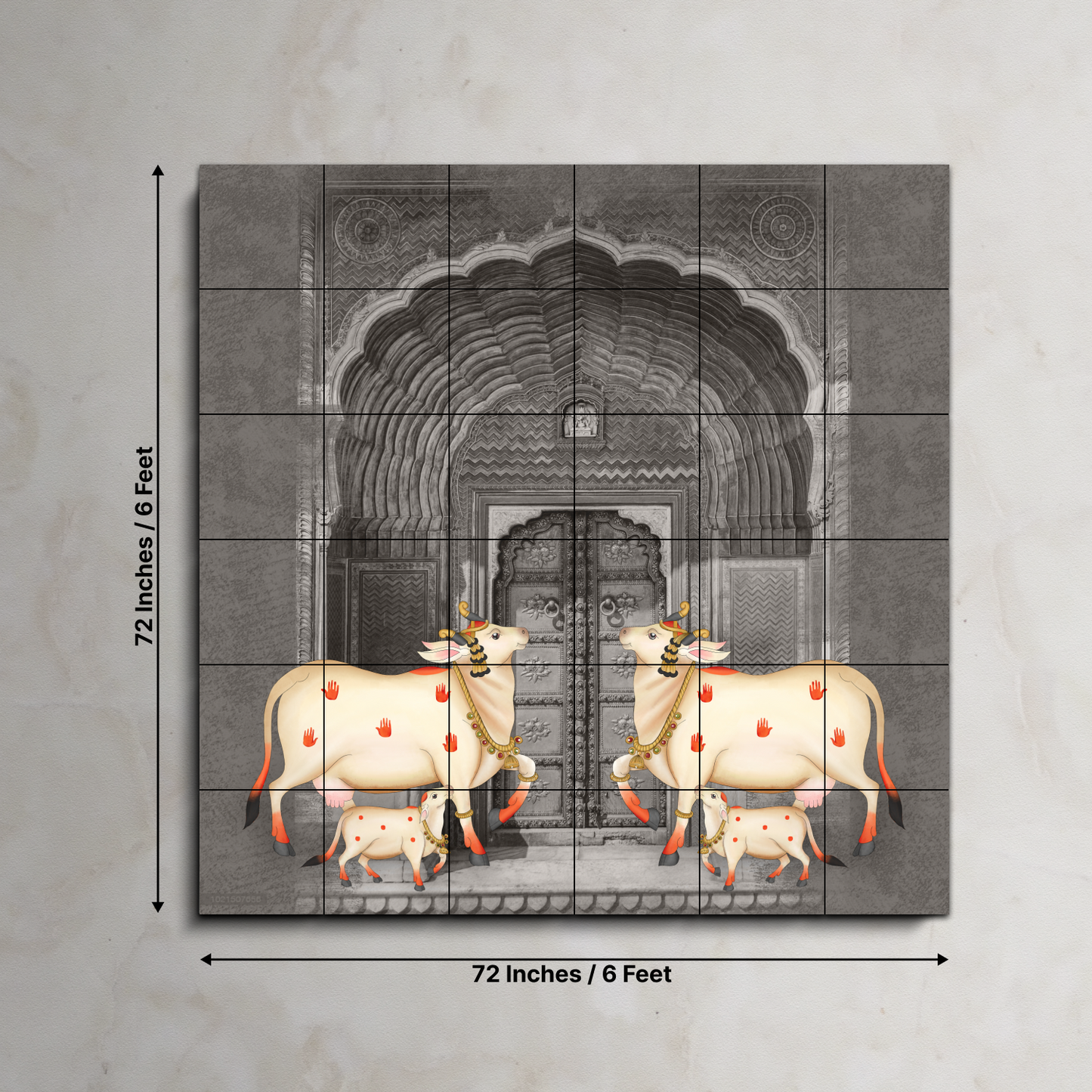 Cow and Calf Pichwai Wood Print Wooden Wall Tiles Set