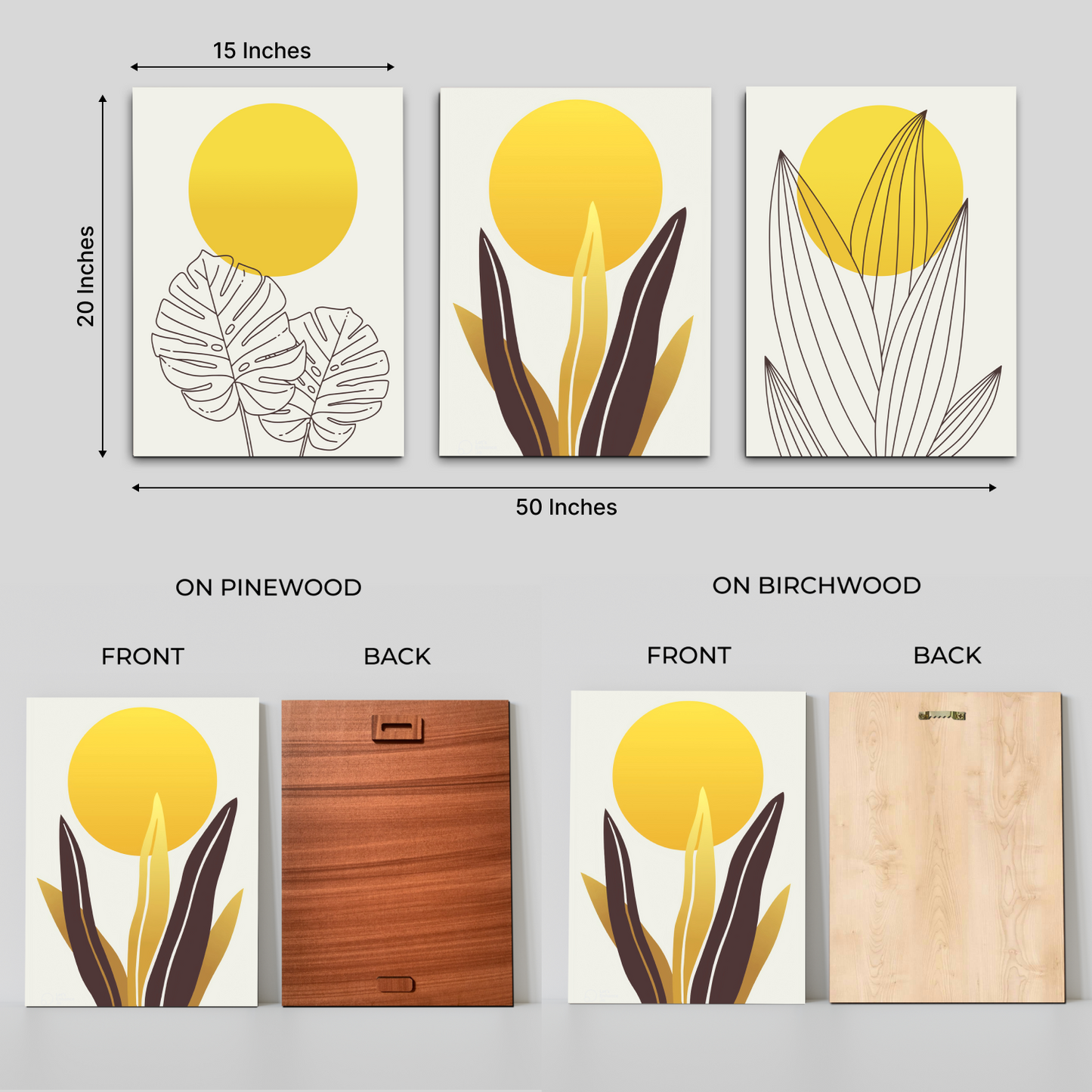 Yellow Botanical Wood Print Wall Art Set of 3