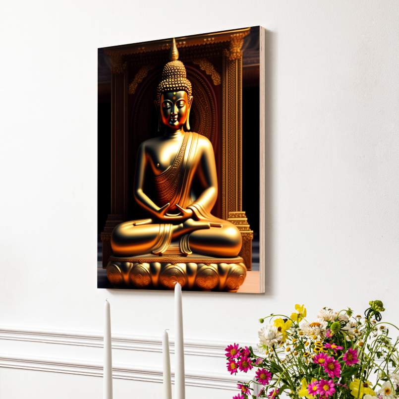 Meditating Buddha Idol Wood Print Wall Art Black & Gold